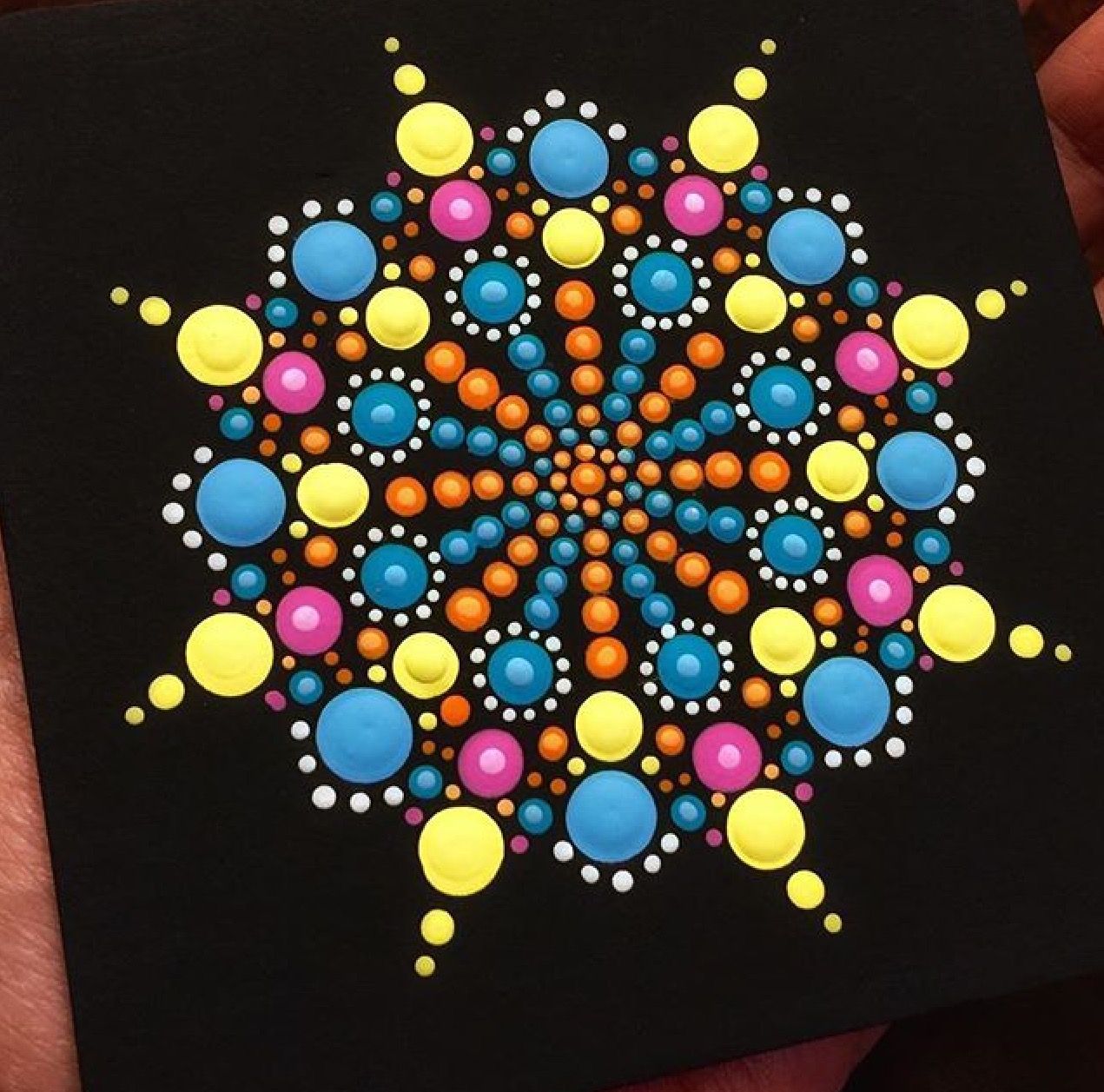 Image of a painted dot mandala on canvas. 