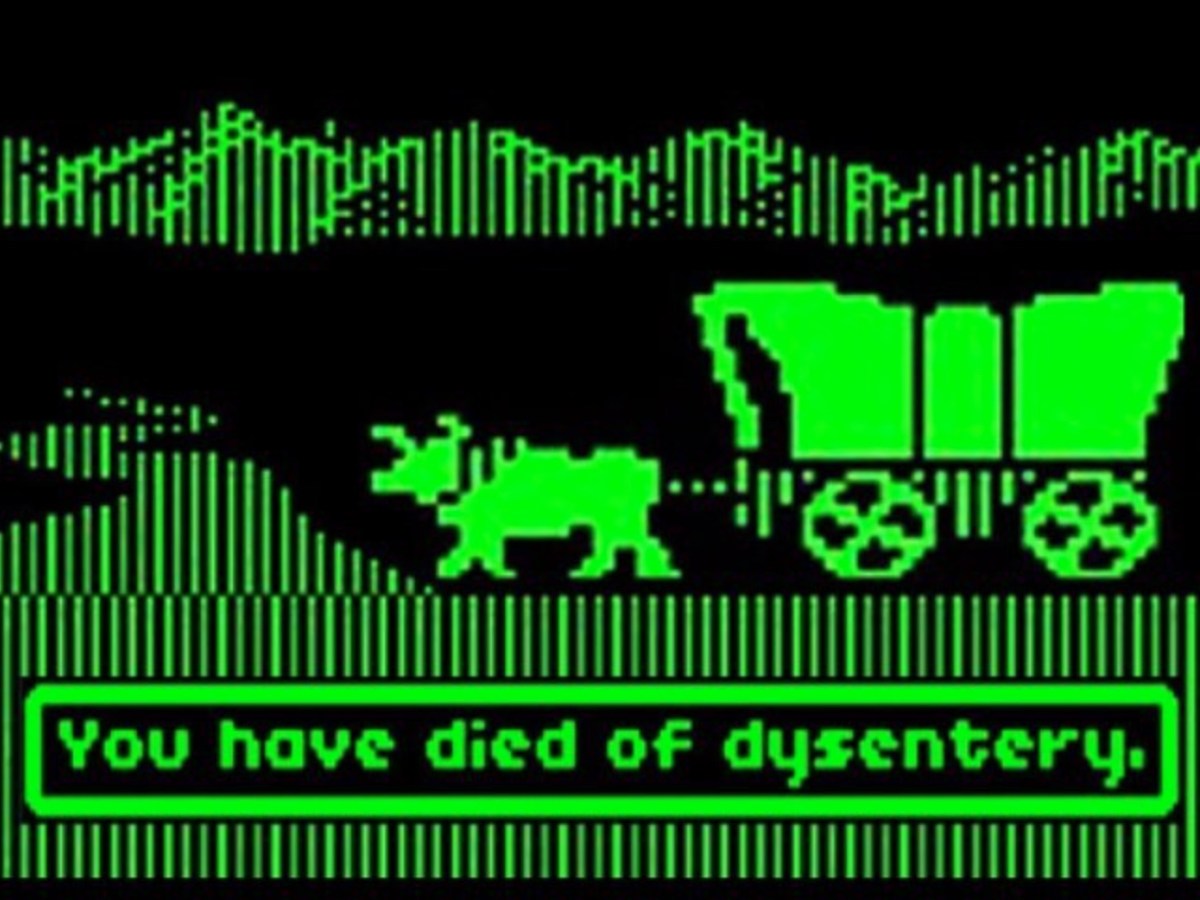 Screen shot of 1980's Oregon Trail game with words "You have died of dysentery"
