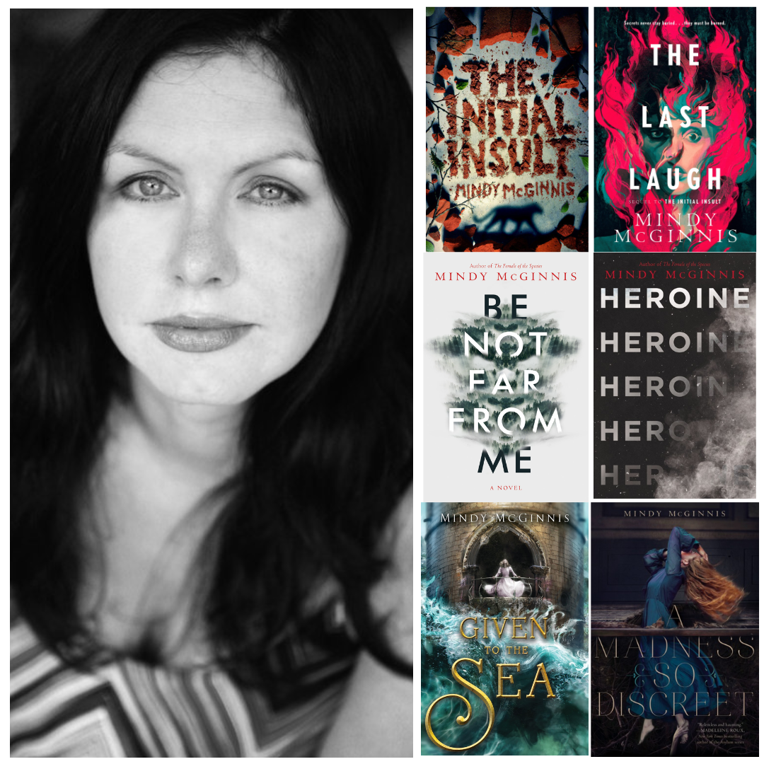 left half of image is a black and white photo of author Mindy McGinnis. The right half of the image are smaller images of various book covers by the same author.
