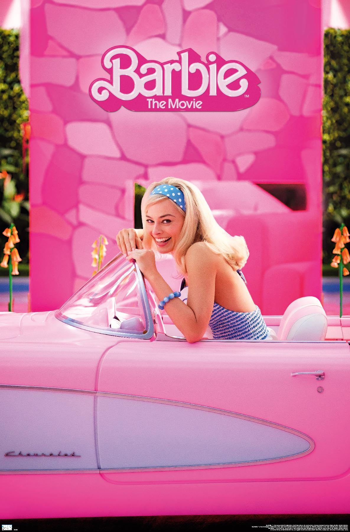 Barbie movie poster featuring Barbie in her car in front of a pink background