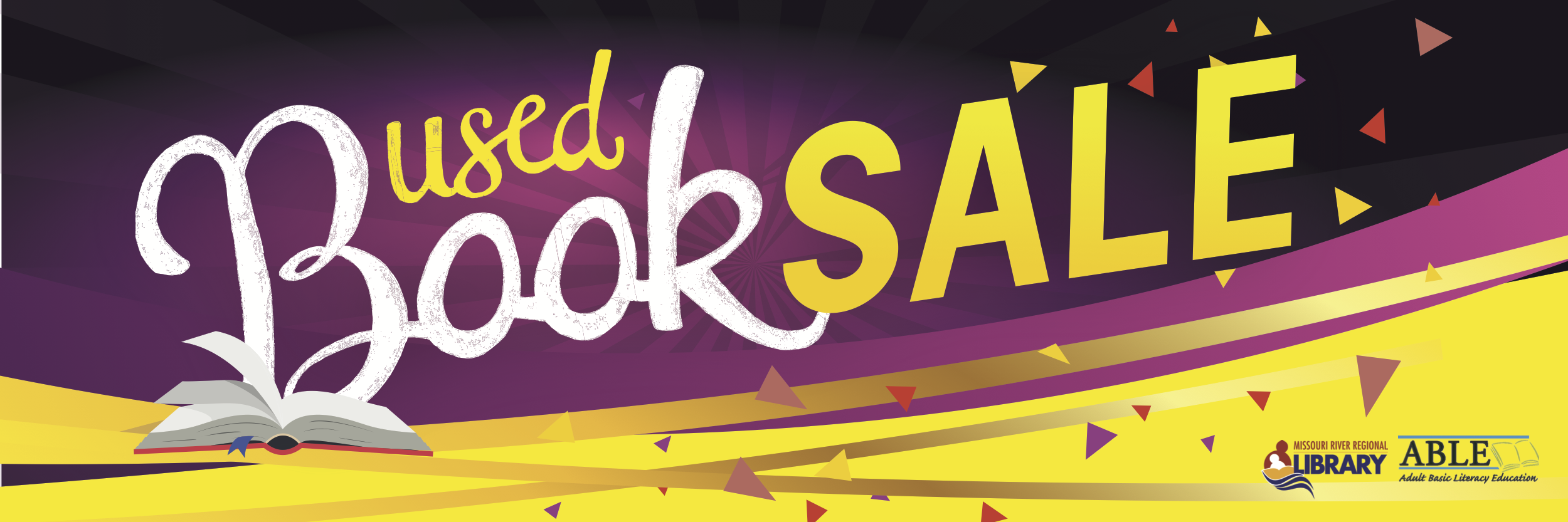 Purple and yellow banner reading "Used Book Sale" with sponsorship logos