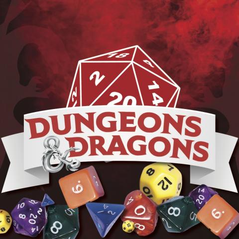 Dungeons and Dragons graphic depicting the logo with different dice 