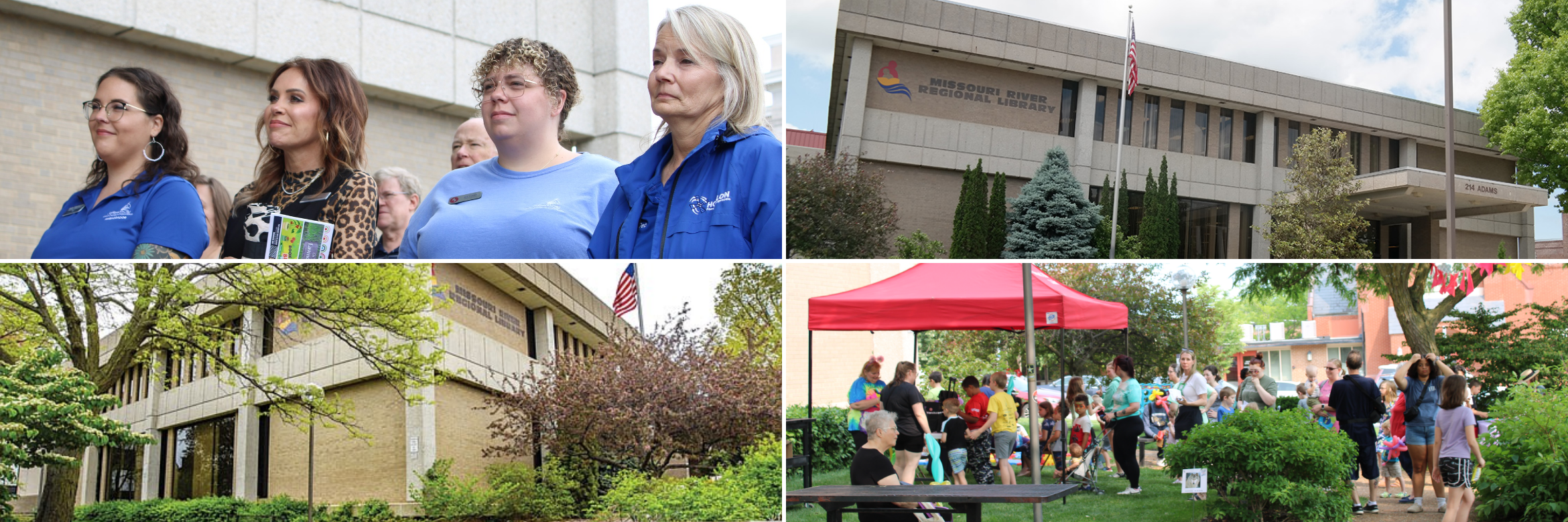 Main Library collage header showing four different images: the top left showing a group of four women at a library event, top right image showing one side of the library building, bottom left showing another angle of the library building, and bottom right showing an outside community event with several people