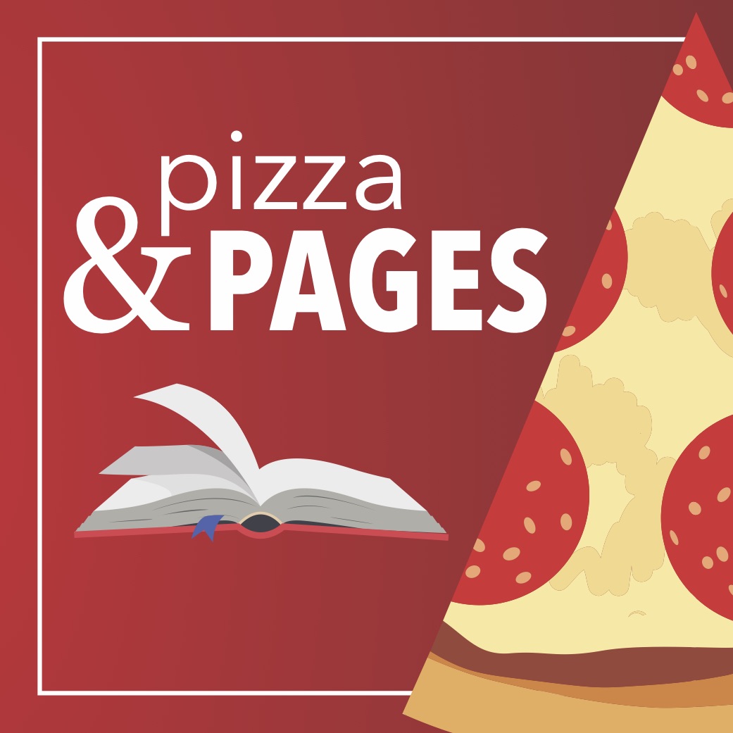 Pizza and Pages graphic that depicts an open books and an enlarged slice of pepperoni pizza