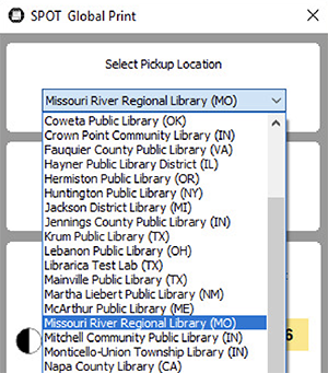 SPOT Global mobile printing app screen with library choices