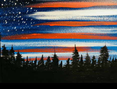 American Flag painting with tree silhouette