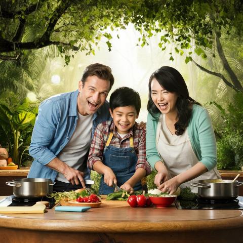dad and mom chopping up veggies with child (from pixabay)