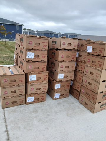stack of produce boxes on library parking lot