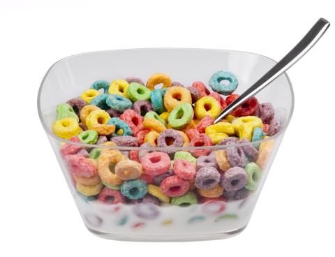 bowl of rainbow colored cereal