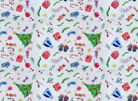 cartoon Christmas trees, ribbons, etc.