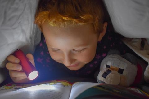 kid reading under covers with flashlight pixabay