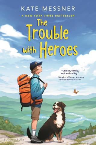 book cover: boy with backpack and dog standing at the water's edge