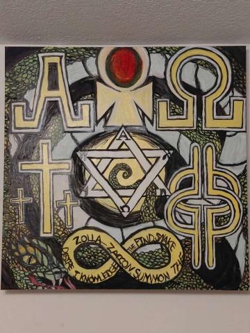 Painting of Spell with alpha & omega symbols by Zack Mueller