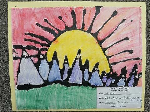 sunrise artwork with glue outlines and bold colors