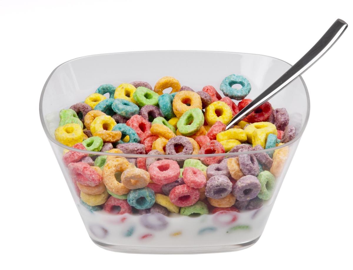 bowl of rainbow colored cereal