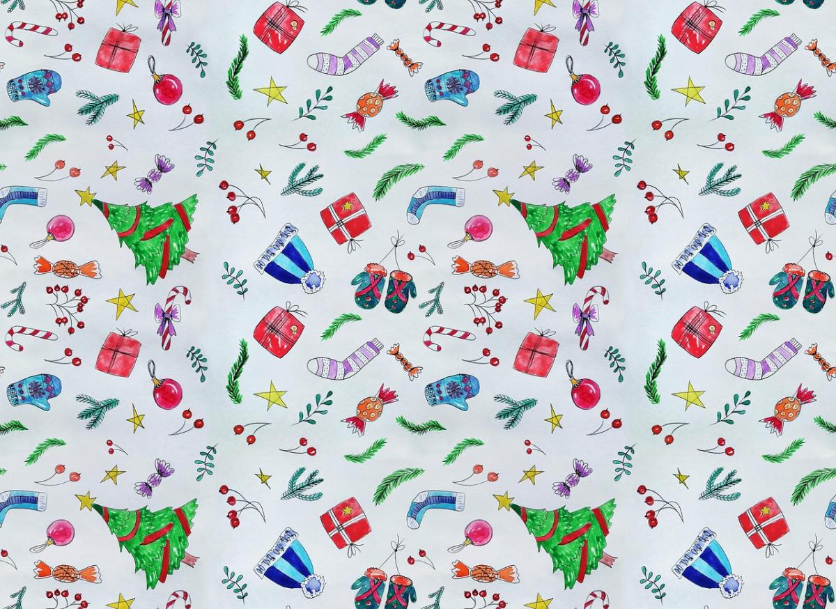 cartoon Christmas trees, ribbons, etc.
