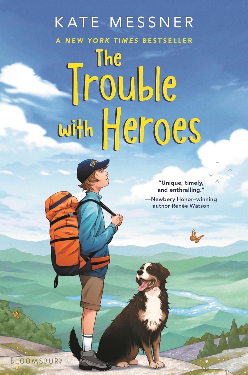 book cover: boy with backpack and dog standing at the water's edge