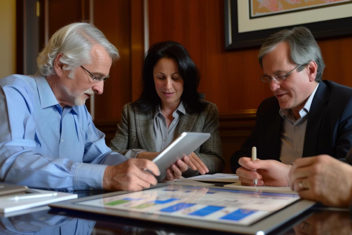 3 people at desk looking over forms