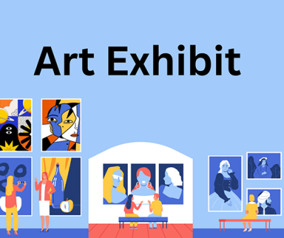 graphic with a light blue background and art on the walls in an art exhibit