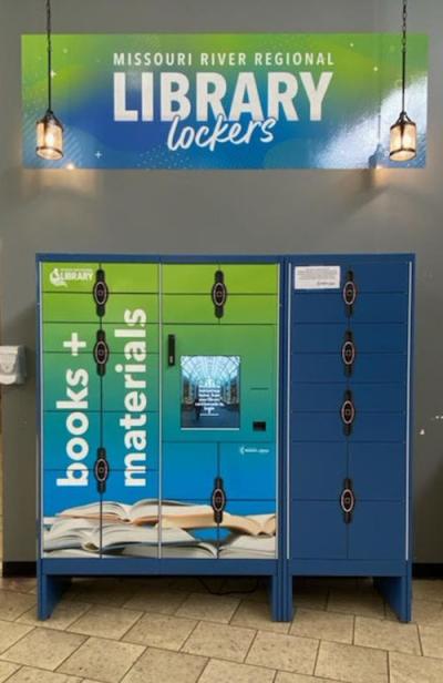 Blue and green book lockers at the public library