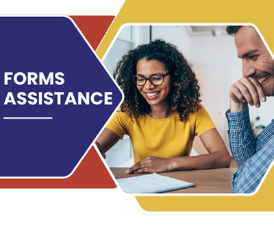 Two people looking at a form and smiling. Red, yellow, and purple backgrounds around the image