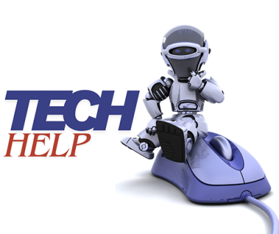 Tech Help graphic of a tiny robot sitting on a wired computer mouse