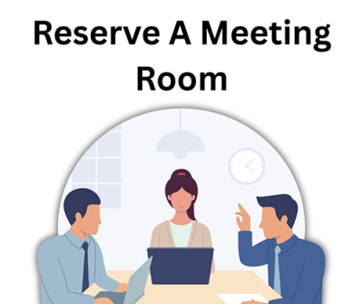 Reserve a Meeting Room graphic with three people in a room with computers on their desk