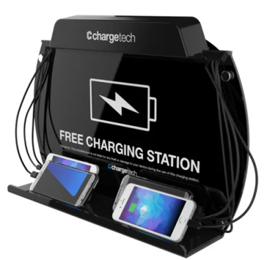 Free charging station with two phones plugged in