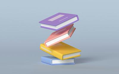 Stack of different colored books including purple, pink, yellow, and blue
