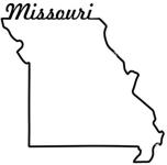 Black outline of the shape of the state of Missouri and "Missouri" written in the outline at the top
